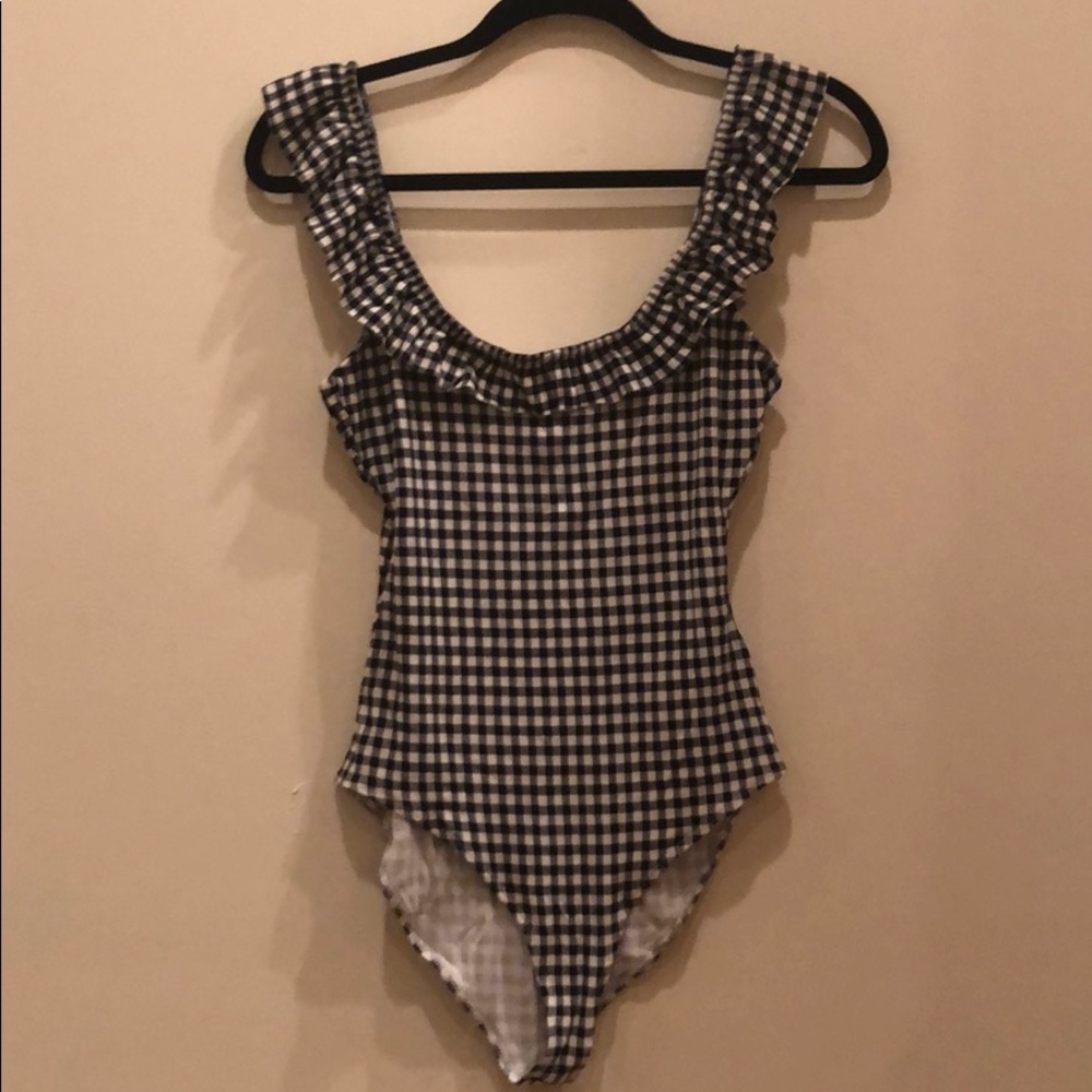 Forever 21 Plaid Ruffled Black&White Tank Bodysuit